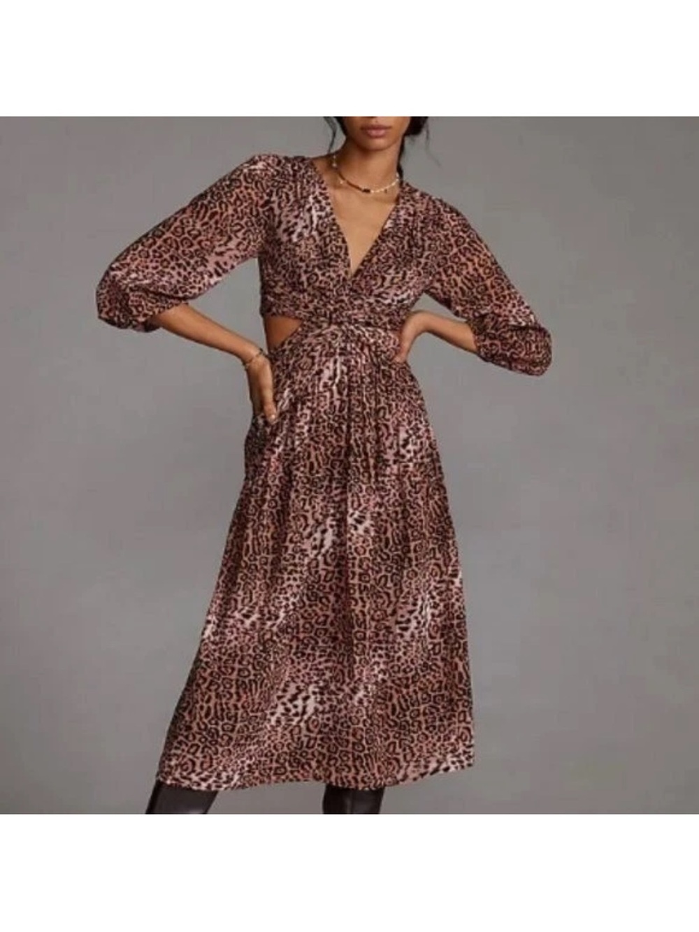 NWT Ranna Gill Anthropology Leopard Print Cutout Midi Dress - Brown XS